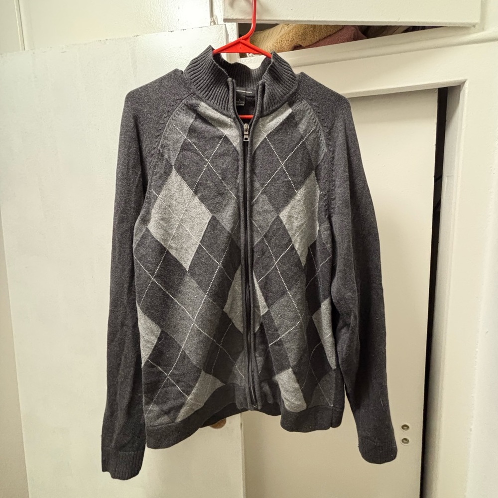 INC International Concepts Gray Zip Up Argyle Sweater